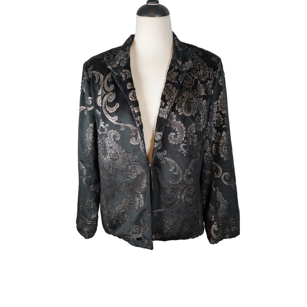 Toni Morgan Large Blazer Jacket Black Faux Suede with Metallic Paisley
